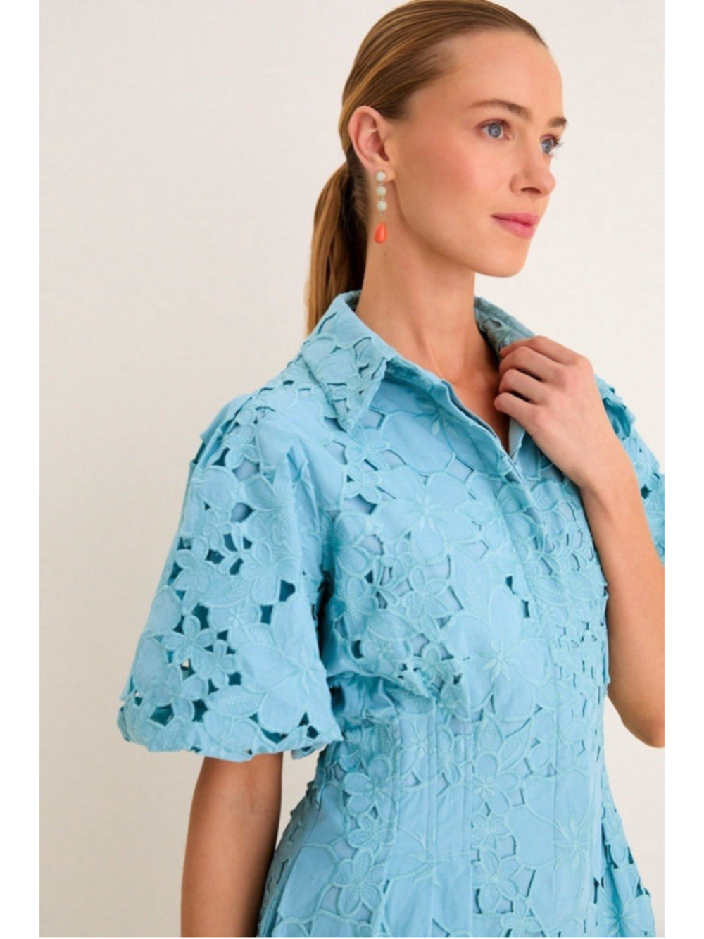 Tuckernuck Cameo Blue Collar Eyelet Mini Delaney Dress L Puff Sleeves Scallop - Picture 3 of 12